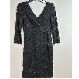 Marina Petite Black‎ Lace Beaded V Neck Sheath Dress Size 8P Party Evening